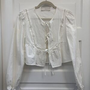 White Long Sleeve Blouse with Tie Front